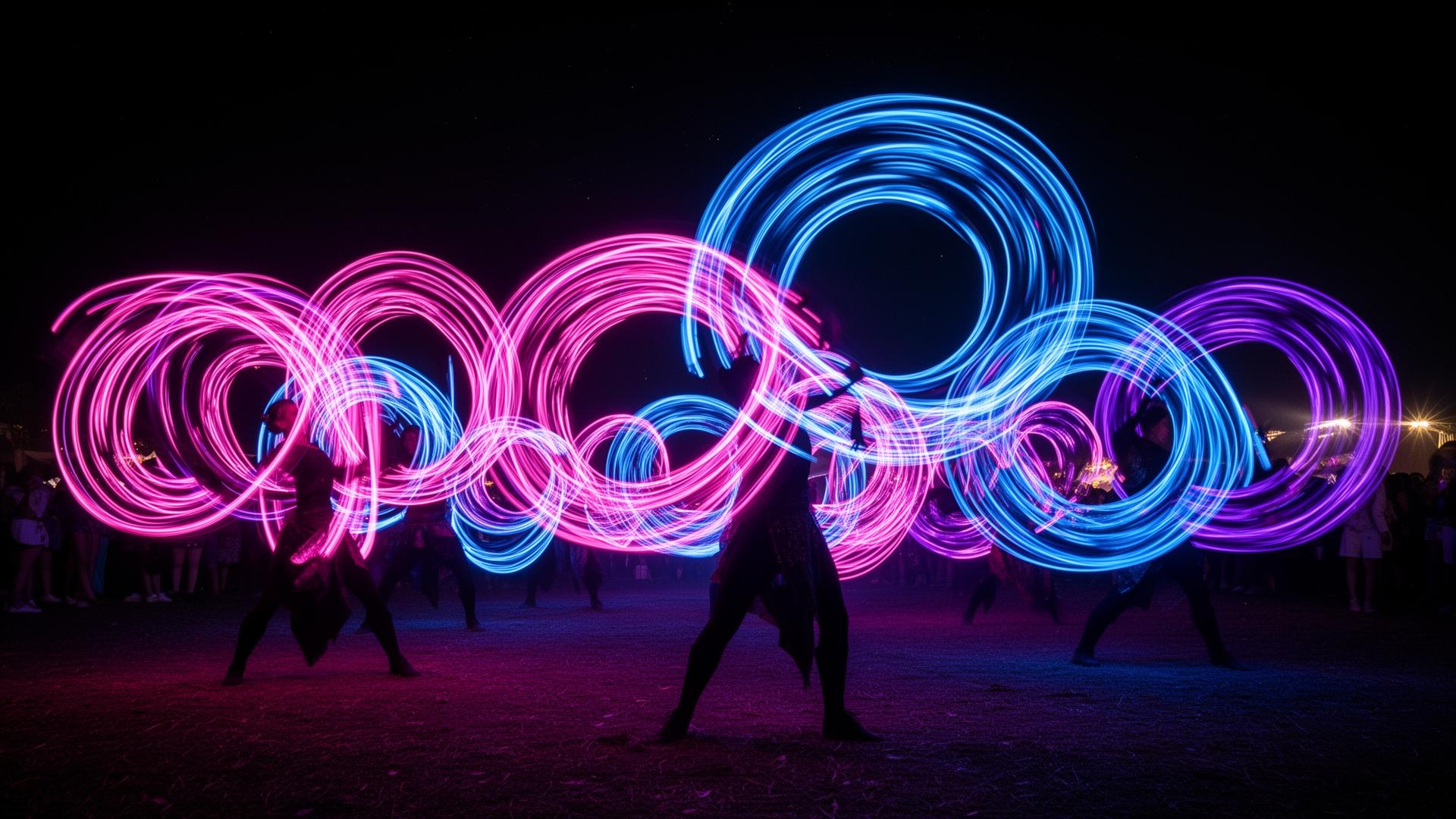 Dancers spinning glowing LED light whips at night, leaving trails of neon pink and electric blue